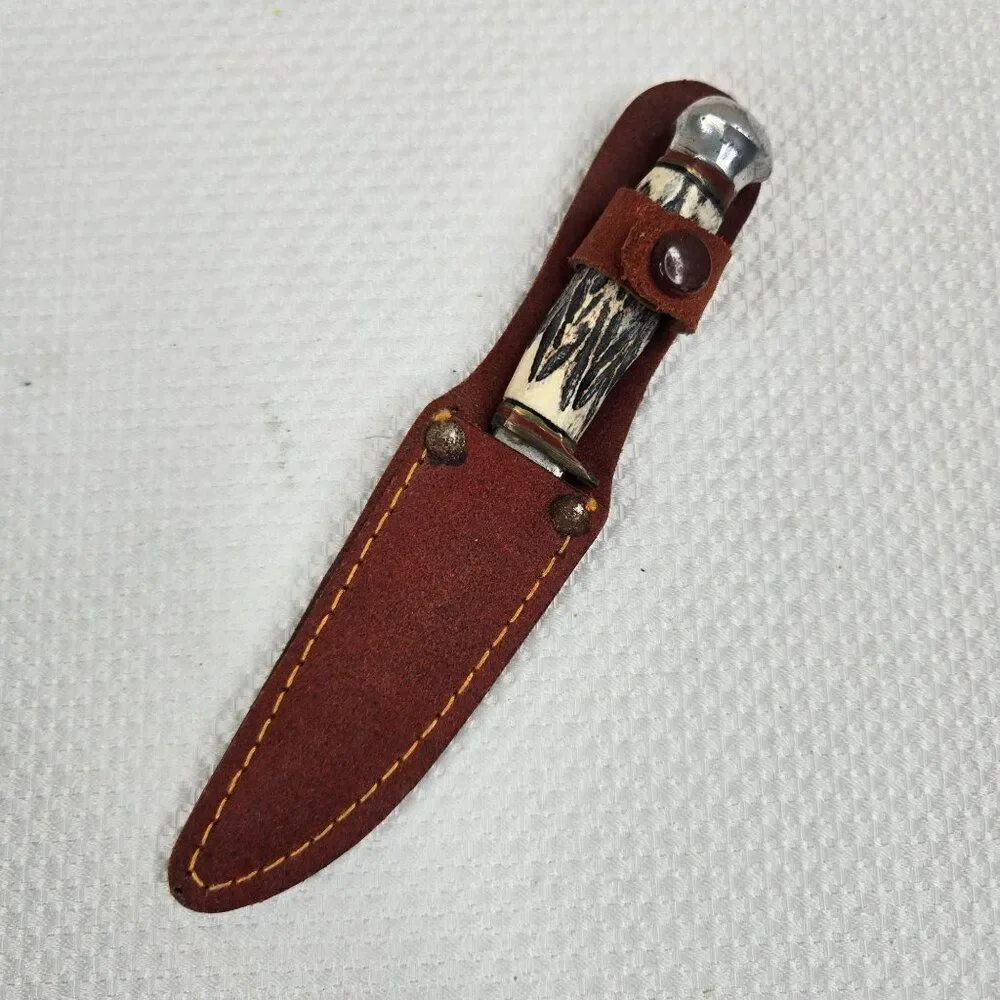 Vintage 60s Fixed Blade Dagger Knife Stag Handle Leather Sheath Japan EA Co